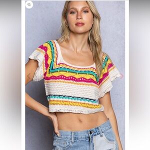 New• POL Colorful Crochet Boho Scalped Short Sleeve Top• Small